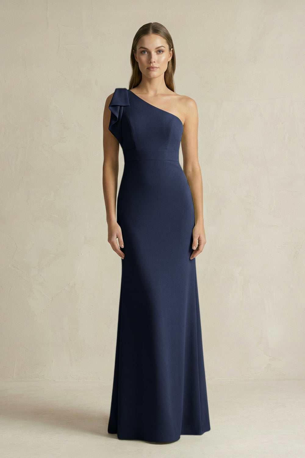 One - Shoulder Sheath Satin Long Bridesmaid Dress in Dark Navy - KISS BRIDAL Bridesmaid Dresses