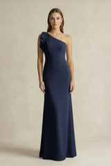 One - Shoulder Sheath Satin Long Bridesmaid Dress in Dark Navy - KISS BRIDAL Bridesmaid Dresses