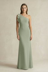 One - Shoulder Sheath Satin Long Bridesmaid Dress in Dove Gray - KISS BRIDAL Bridesmaid Dresses