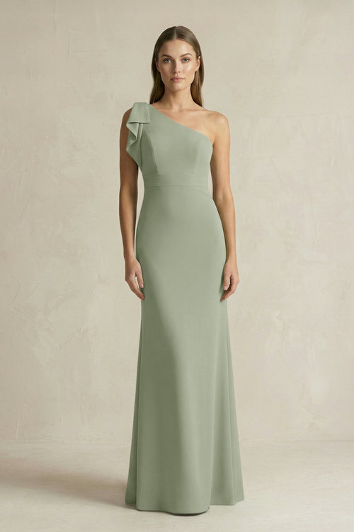 One - Shoulder Sheath Satin Long Bridesmaid Dress in Dove Gray - KISS BRIDAL Bridesmaid Dresses