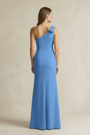 One - Shoulder Sheath Satin Long Bridesmaid Dress in Dusty Blue - SHE IS ME Bridesmaid Dresses