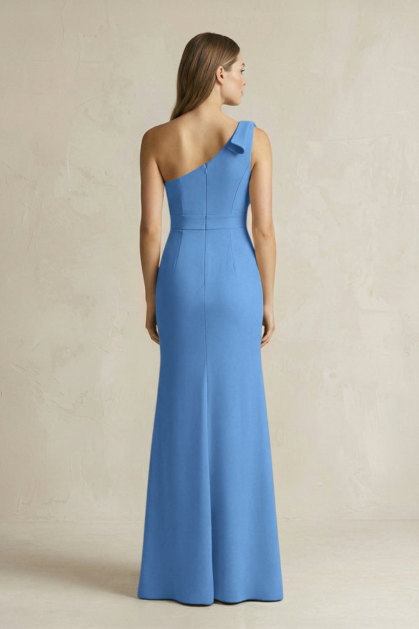 One - Shoulder Sheath Satin Long Bridesmaid Dress in Dusty Blue - SHE IS ME Bridesmaid Dresses