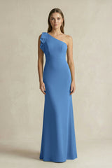 One - Shoulder Sheath Satin Long Bridesmaid Dress in Dusty Blue - KISS BRIDAL Bridesmaid Dresses