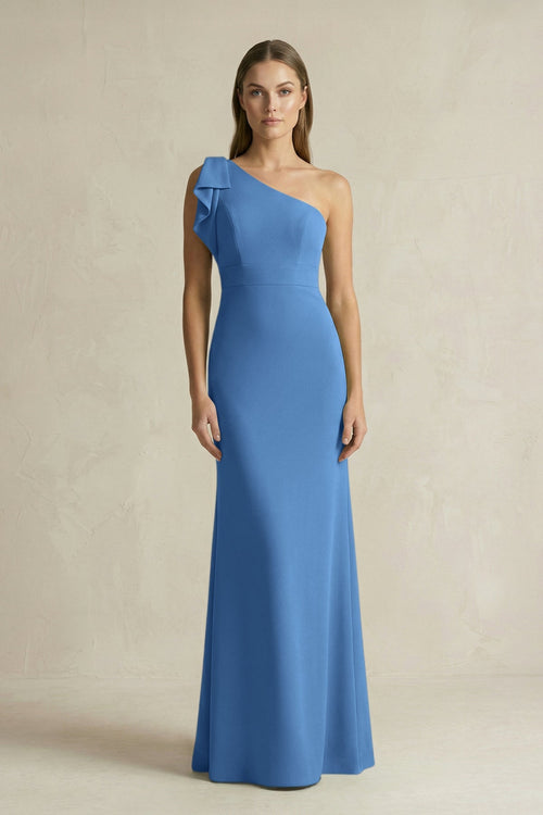 One - Shoulder Sheath Satin Long Bridesmaid Dress in Dusty Blue - SHE IS ME Bridesmaid Dresses
