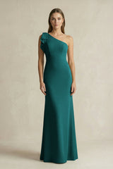 One - Shoulder Sheath Satin Long Bridesmaid Dress in Emerald - KISS BRIDAL Bridesmaid Dresses
