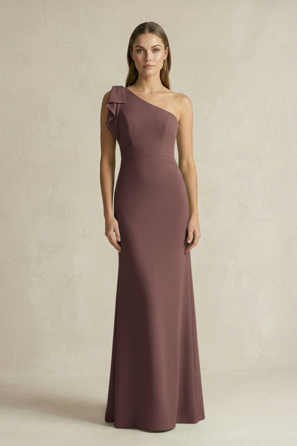 One - Shoulder Sheath Satin Long Bridesmaid Dress in Espresso - KISS BRIDAL Bridesmaid Dresses