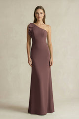 One - Shoulder Sheath Satin Long Bridesmaid Dress in Espresso - KISS BRIDAL Bridesmaid Dresses