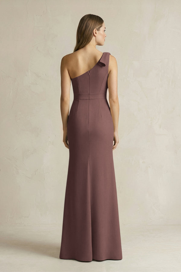 One - Shoulder Sheath Satin Long Bridesmaid Dress in Espresso - SHE IS ME Bridesmaid Dresses
