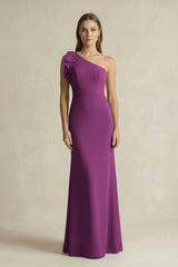One - Shoulder Sheath Satin Long Bridesmaid Dress in Fig - KISS BRIDAL Bridesmaid Dresses