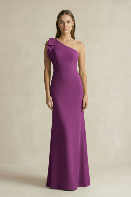 One - Shoulder Sheath Satin Long Bridesmaid Dress in Fig - SHE IS ME Bridesmaid Dresses