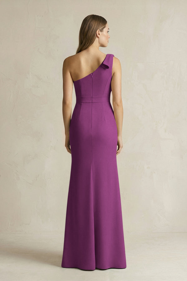 One - Shoulder Sheath Satin Long Bridesmaid Dress in Fig - SHE IS ME Bridesmaid Dresses