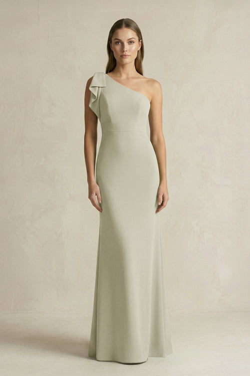One - Shoulder Sheath Satin Long Bridesmaid Dress in Frost - KISS BRIDAL Bridesmaid Dresses