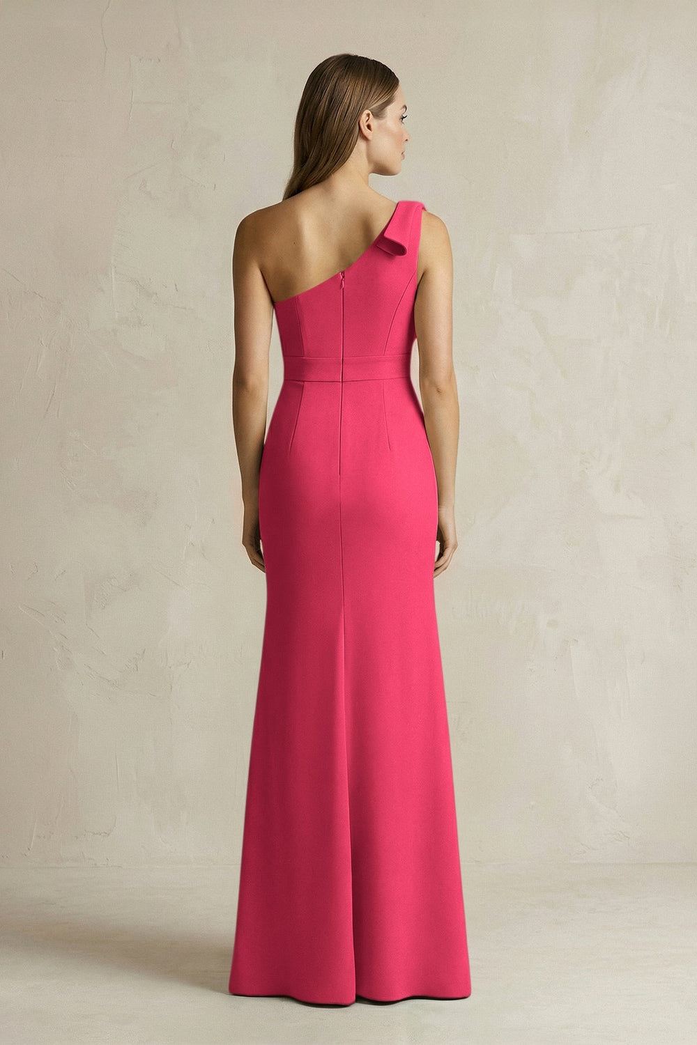 One - Shoulder Sheath Satin Long Bridesmaid Dress in Fuchsia - KISS BRIDAL Bridesmaid Dresses