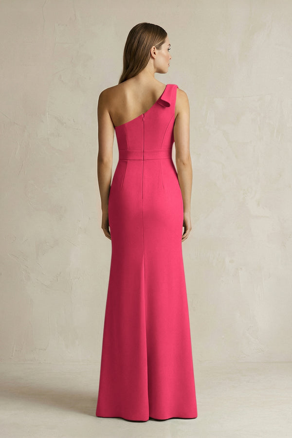 One - Shoulder Sheath Satin Long Bridesmaid Dress in Fuchsia - KISS BRIDAL Bridesmaid Dresses