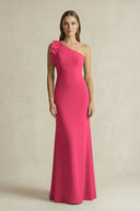 One - Shoulder Sheath Satin Long Bridesmaid Dress in Fuchsia - KISS BRIDAL Bridesmaid Dresses