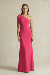 One - Shoulder Sheath Satin Long Bridesmaid Dress in Fuchsia - KISS BRIDAL Bridesmaid Dresses