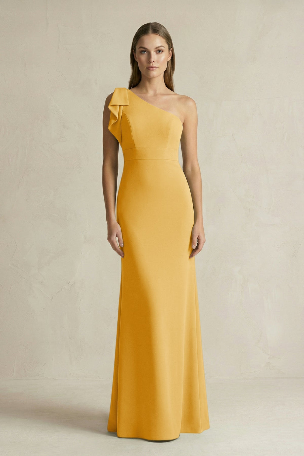 One - Shoulder Sheath Satin Long Bridesmaid Dress in Gold - KISS BRIDAL Bridesmaid Dresses