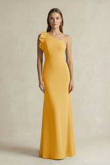 One - Shoulder Sheath Satin Long Bridesmaid Dress in Gold - KISS BRIDAL Bridesmaid Dresses