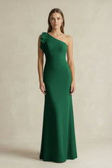 One - Shoulder Sheath Satin Long Bridesmaid Dress in Green - KISS BRIDAL Bridesmaid Dresses
