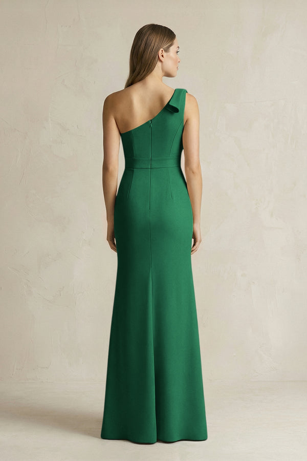 One - Shoulder Sheath Satin Long Bridesmaid Dress in Green - SHE IS ME Bridesmaid Dresses