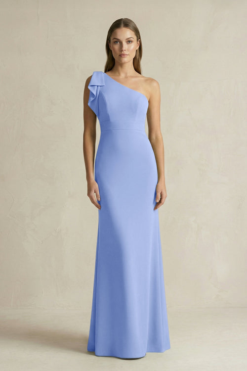 One - Shoulder Sheath Satin Long Bridesmaid Dress in Ice - SHE IS ME Bridesmaid Dresses