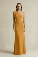 One - Shoulder Sheath Satin Long Bridesmaid Dress in Marigold - KISS BRIDAL Bridesmaid Dresses