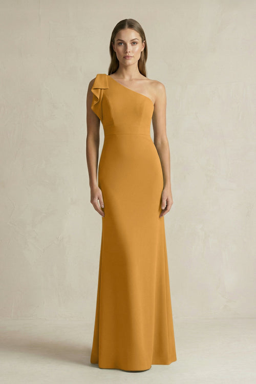 One - Shoulder Sheath Satin Long Bridesmaid Dress in Marigold - SHE IS ME Bridesmaid Dresses