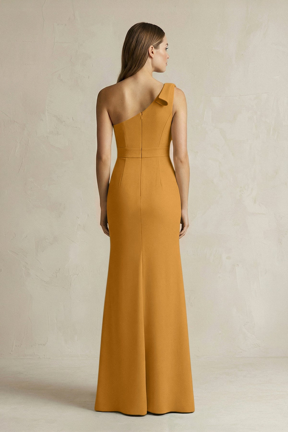 One - Shoulder Sheath Satin Long Bridesmaid Dress in Marigold - KISS BRIDAL Bridesmaid Dresses