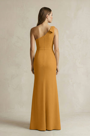One - Shoulder Sheath Satin Long Bridesmaid Dress in Marigold - SHE IS ME Bridesmaid Dresses