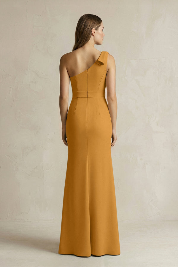 One - Shoulder Sheath Satin Long Bridesmaid Dress in Marigold - SHE IS ME Bridesmaid Dresses