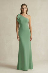One - Shoulder Sheath Satin Long Bridesmaid Dress in Matcha - KISS BRIDAL Bridesmaid Dresses