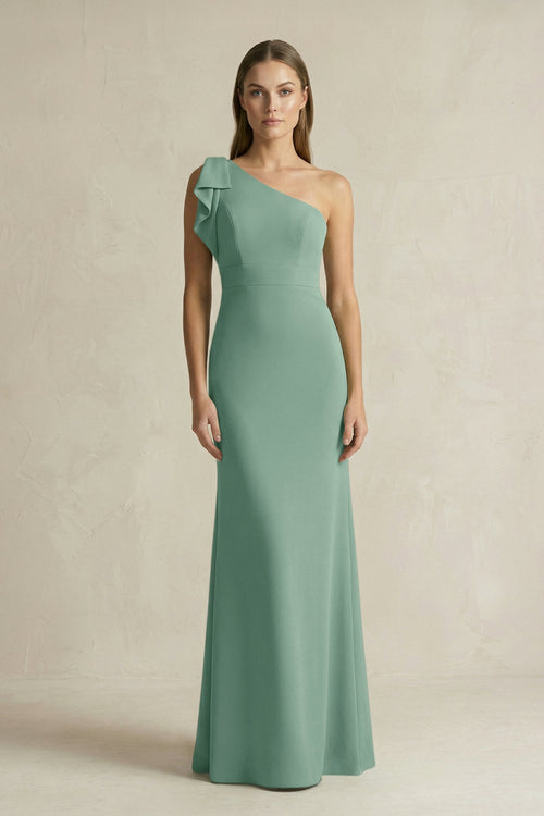 One - Shoulder Sheath Satin Long Bridesmaid Dress in Mint Green - SHE IS ME Bridesmaid Dresses