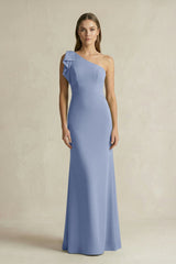 One - Shoulder Sheath Satin Long Bridesmaid Dress in Mist - KISS BRIDAL Bridesmaid Dresses