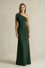 One - Shoulder Sheath Satin Long Bridesmaid Dress in Moss - KISS BRIDAL Bridesmaid Dresses