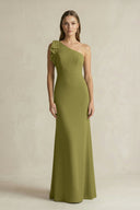 One - Shoulder Sheath Satin Long Bridesmaid Dress in Moss Green - SHE IS ME Bridesmaid Dresses