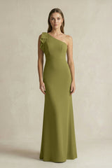 One - Shoulder Sheath Satin Long Bridesmaid Dress in Moss Green - KISS BRIDAL Bridesmaid Dresses