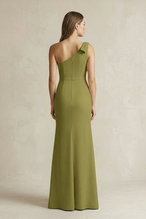 One - Shoulder Sheath Satin Long Bridesmaid Dress in Moss Green - SHE IS ME Bridesmaid Dresses