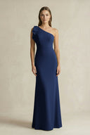 One - Shoulder Sheath Satin Long Bridesmaid Dress in Navy - SHE IS ME Bridesmaid Dresses