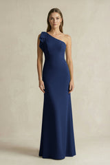 One - Shoulder Sheath Satin Long Bridesmaid Dress in Navy - KISS BRIDAL Bridesmaid Dresses