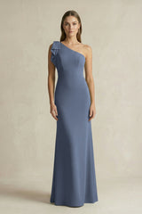One - Shoulder Sheath Satin Long Bridesmaid Dress in Neptune - KISS BRIDAL Bridesmaid Dresses