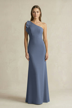 One - Shoulder Sheath Satin Long Bridesmaid Dress in Neptune - SHE IS ME Bridesmaid Dresses