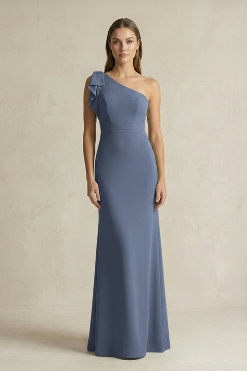 One - Shoulder Sheath Satin Long Bridesmaid Dress in Neptune - SHE IS ME Bridesmaid Dresses