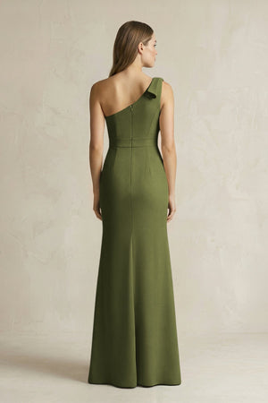 One - Shoulder Sheath Satin Long Bridesmaid Dress in Olive - SHE IS ME Bridesmaid Dresses