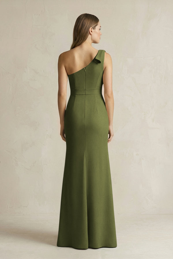 One - Shoulder Sheath Satin Long Bridesmaid Dress in Olive - SHE IS ME Bridesmaid Dresses