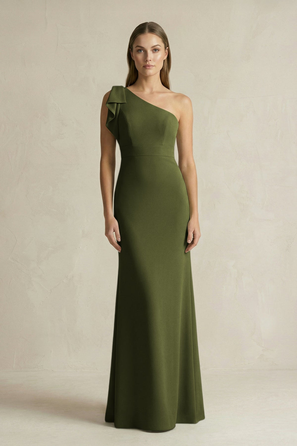 One - Shoulder Sheath Satin Long Bridesmaid Dress in Olive - KISS BRIDAL Bridesmaid Dresses