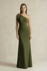 One - Shoulder Sheath Satin Long Bridesmaid Dress in Olive - KISS BRIDAL Bridesmaid Dresses