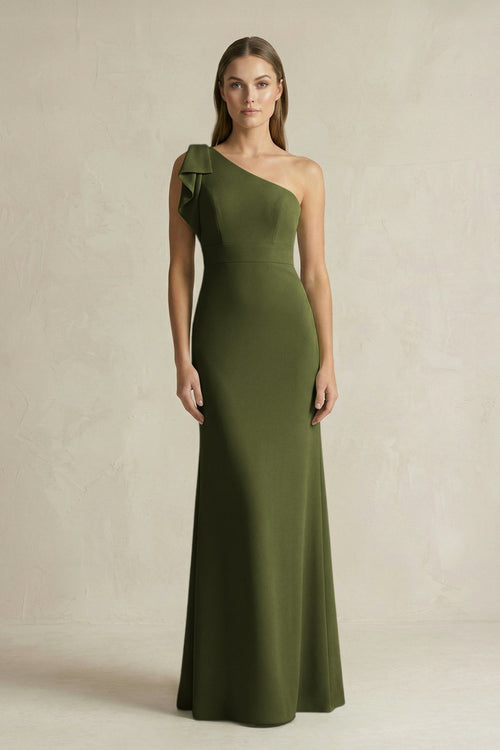 One - Shoulder Sheath Satin Long Bridesmaid Dress in Olive - SHE IS ME Bridesmaid Dresses