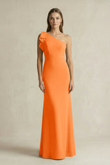 One - Shoulder Sheath Satin Long Bridesmaid Dress in Orange - KISS BRIDAL Bridesmaid Dresses