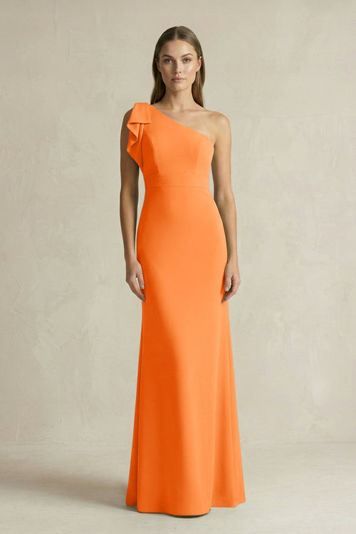 One - Shoulder Sheath Satin Long Bridesmaid Dress in Orange - SHE IS ME Bridesmaid Dresses