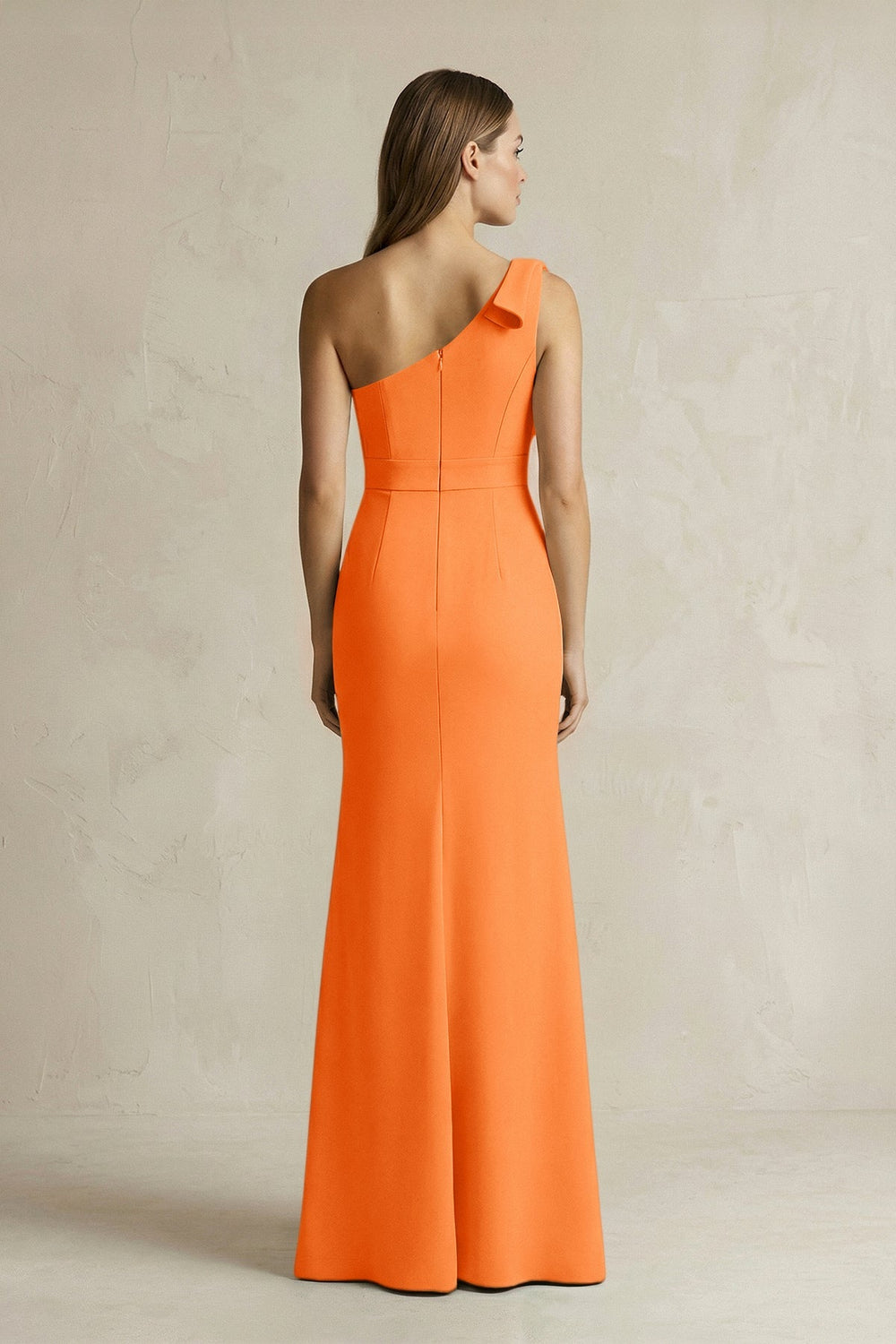 One - Shoulder Sheath Satin Long Bridesmaid Dress in Orange - KISS BRIDAL Bridesmaid Dresses